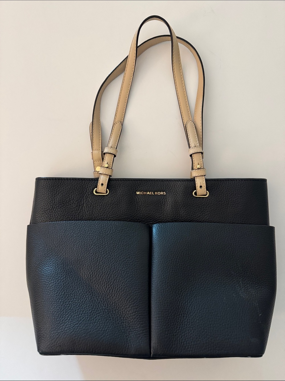 Michael Kors Bedford Medium Pebbled Leather Tote Taupe Black Shoulder Bag